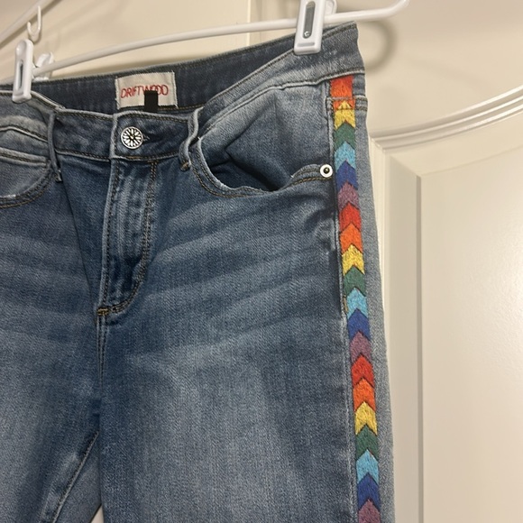 Anthropologie Driftwood Jackie Embroidered Rainbow Raw Hem Chevron Jeans - Picture 2 of 6